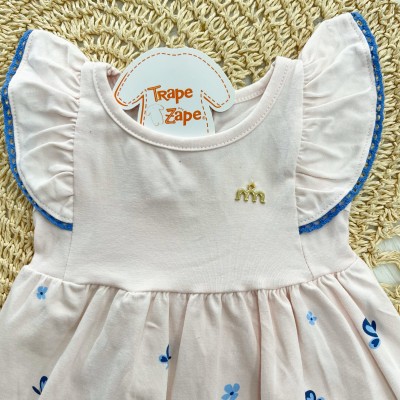 Vestido Rosa Bebê com florais Azul e Caramelo